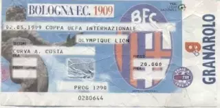 білет Bologna FC Italy/Італія-Olympique Lyonnais France/Франц.1999a match ticket