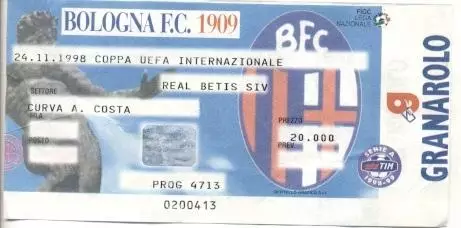 білет Болонья/Bologna Italy/Італ.-Бетіс/Real Betis Spain/Іспан.1998 match ticket