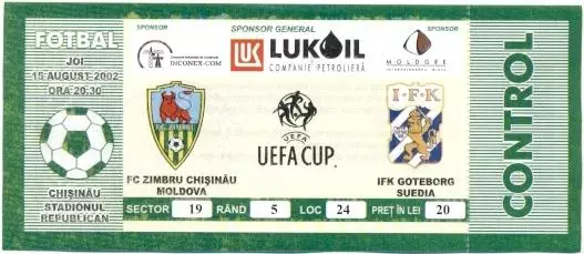 білет Зімбру/Zimbru Moldova/Молдова-IFK Goteborg Sweden/Швеція 2003 match ticket