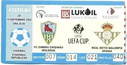 білет Зімбру/Zimbru Moldova/Молд.-Бетіс/Real Betis Spain/Іспан.2002 match ticket