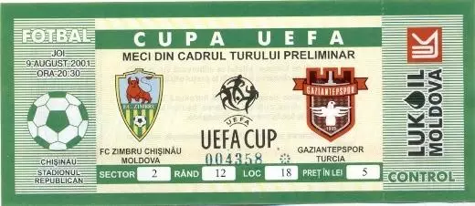 білет Зімбру/Zimbru Moldova/Молдова-Gaziantep Turkey/Туреччина 2001 match ticket