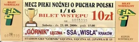 білет Польща Polska Puchar Gornik Leczna-Wisla Krakow 2000 bilet match ticket