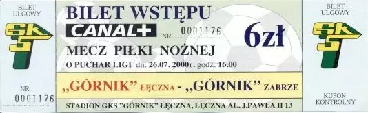білет Польща Polska/Poland Puchar G.Leczna-Gornik Zabrze 2000 bilet match ticket