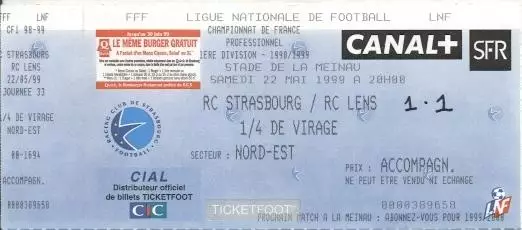білет Франція Championnat France RC Strasbourg-RC Lens 1999 billet match ticket