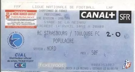 білет Франц. Championnat France Strasbourg-Toulouse FC 1999a billet match ticket