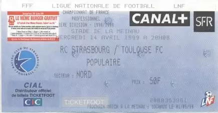 білет Франц. Championnat France Strasbourg-Toulouse FC 1999b billet match ticket