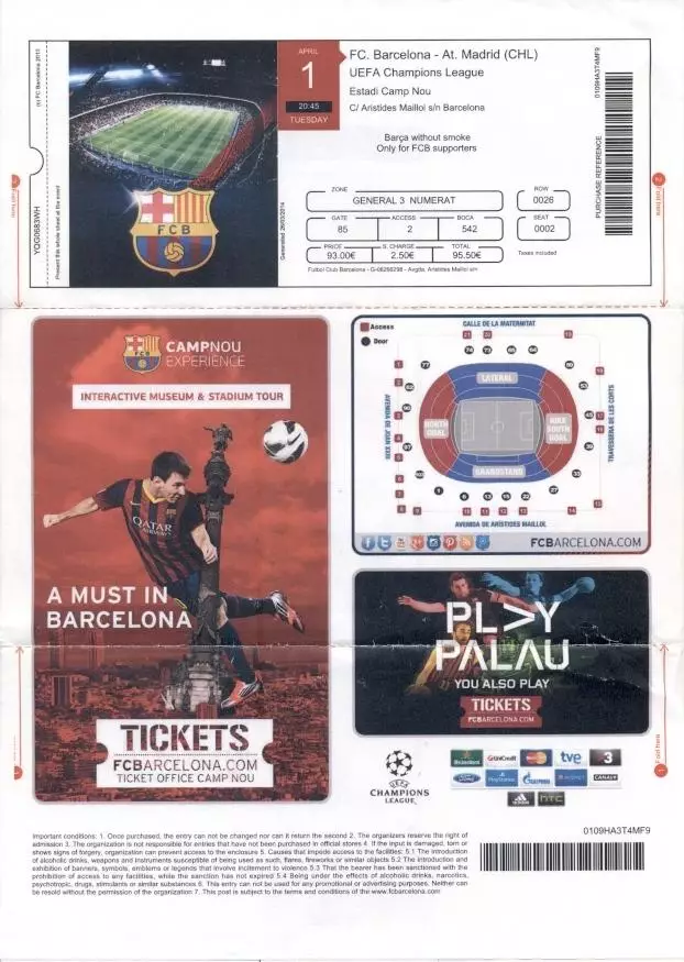 білет Барселона/FC Barcelona-Атлет/Atletico Madrid Spain/Іспан.2014 match ticket