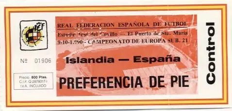 білет зб.Іспанія-Ісландія 1990 молодіжні/Spain-Iceland U21 football match ticket