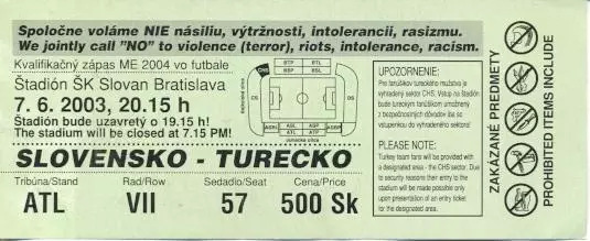 білет зб. Словаччина-Туреччина 2003 відбір ЧЄ-2004 /Slovakia-Turkey match ticket