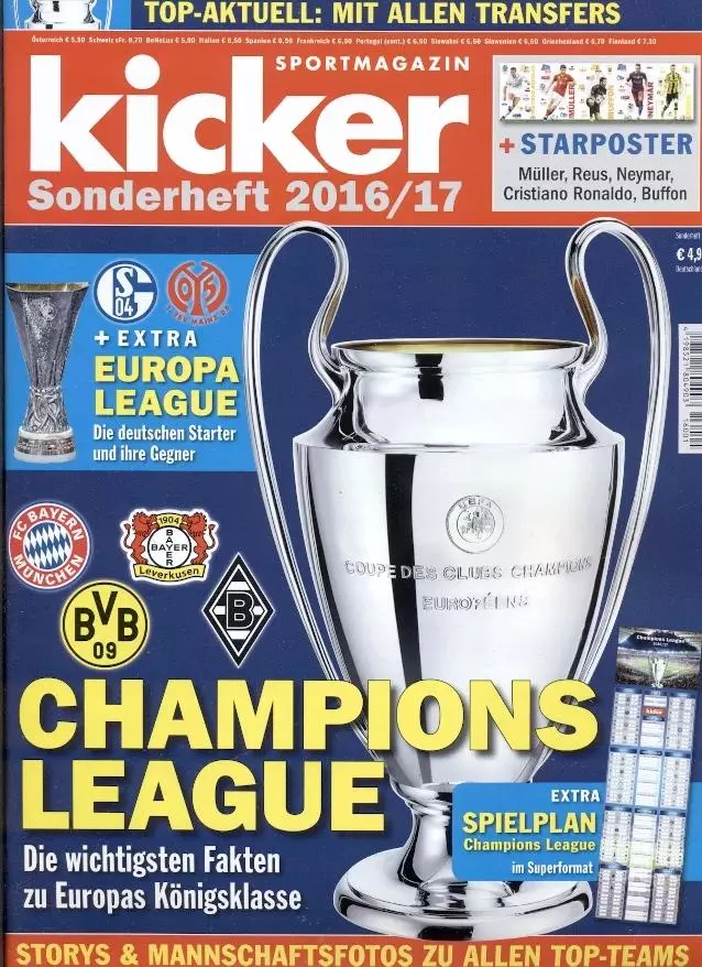 32 постери учасники Ліги чемпіонів 2016-17 Кікер/Kicker 32team posters Ch.league