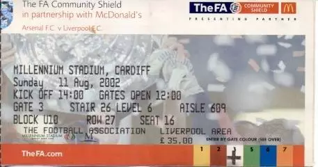 білет Англія, Суперкубок 2002 / England Super Сup Arsenal-Liverpool match ticket