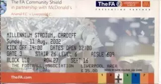 білет Англія, Суперкубок 2002 / England Super Сup Arsenal-Liverpool match ticket