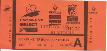 білет зб.Литва-Румунія 1997відб.ЧС-1998 /Lithuania-Romania football match ticket
