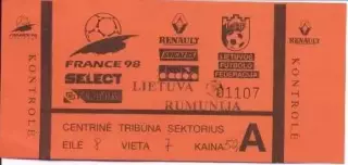 білет зб.Литва-Румунія 1997відб.ЧС-1998 /Lithuania-Romania football match ticket