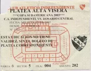 білет Independiente Argentina-Rosario Central,Sudamericana cup 2003 match ticket