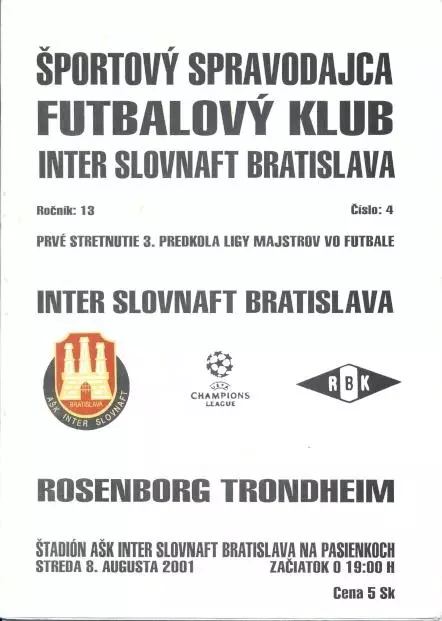 прог. Інтер/Inter Slovakia/Словач.-Rosenborg BK Norway/Норвег.2001 match program