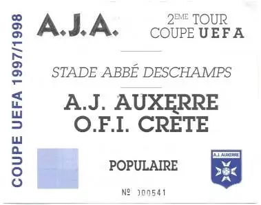 білет Осер/AJ Auxerre France/Франц.-ОФІ/OFI Crete Greece/Грец.1997a match ticket
