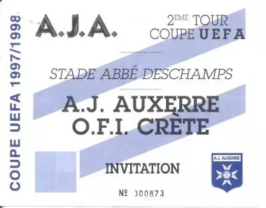 білет Осер/AJ Auxerre France/Франц.-ОФІ/OFI Crete Greece/Грец.1997c match ticket