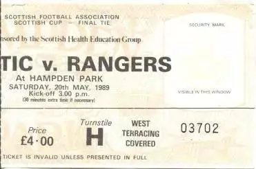 білет Шотландія Scotland Cup 1989 Glasgow Celtic-Rangers Cup final match ticket