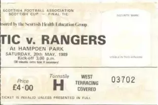 білет Шотландія Scotland Cup 1989 Glasgow Celtic-Rangers Cup final match ticket