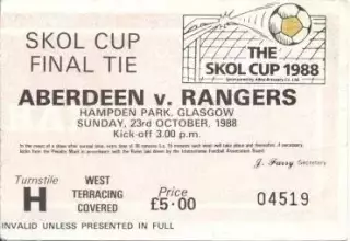 білет Шотландія Scotland 1988 Aberdeen-Gla.Rangers League Cup final match ticket