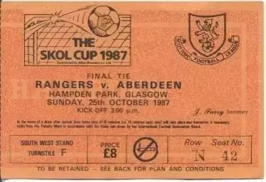 білет Шотландія Scotland 1987 Gla.Rangers-Aberdeen League Cup final match ticket