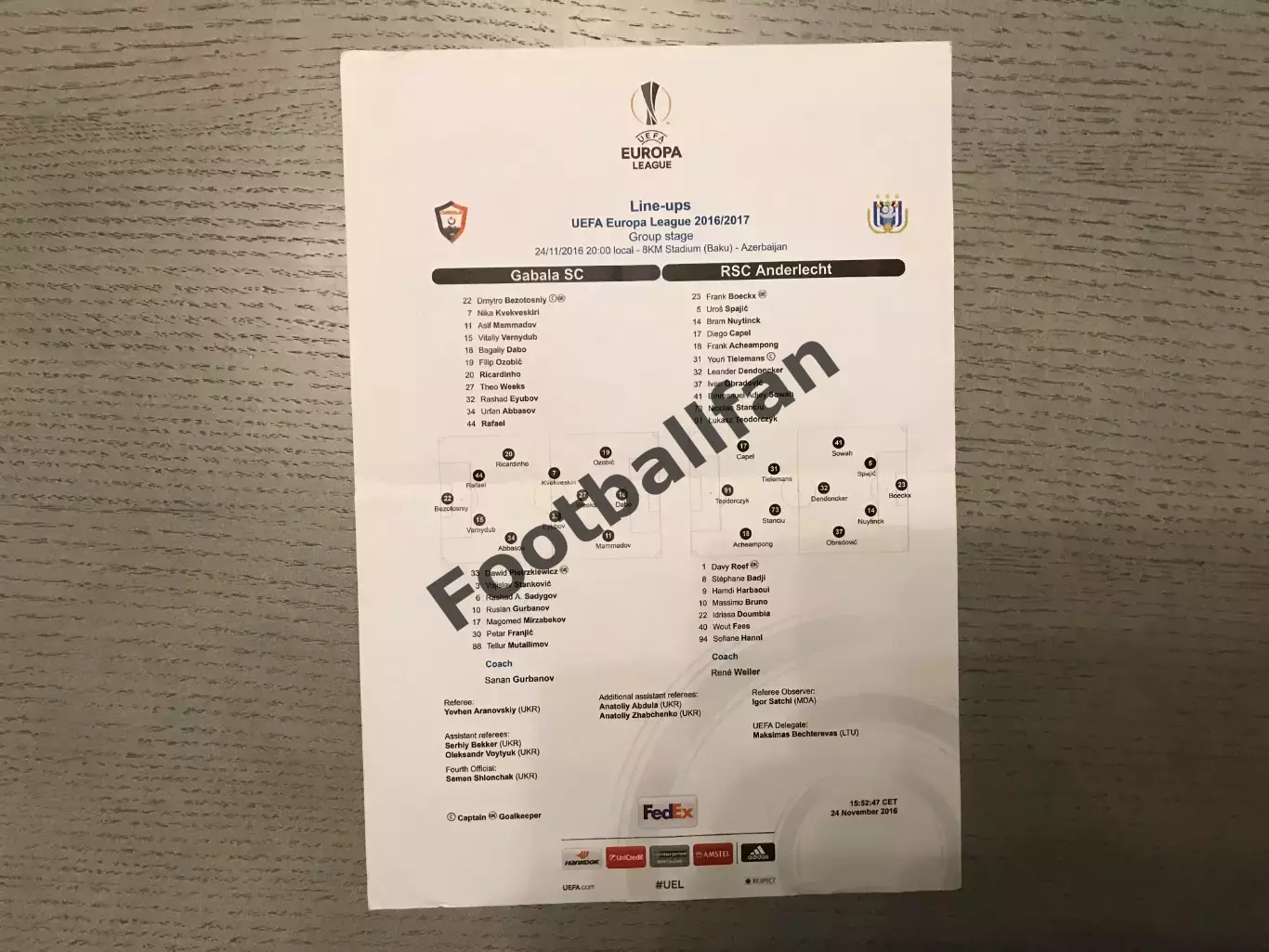 Габала Азербайджан - Андерлехт Брюссель , Бельгия 24.11.2016