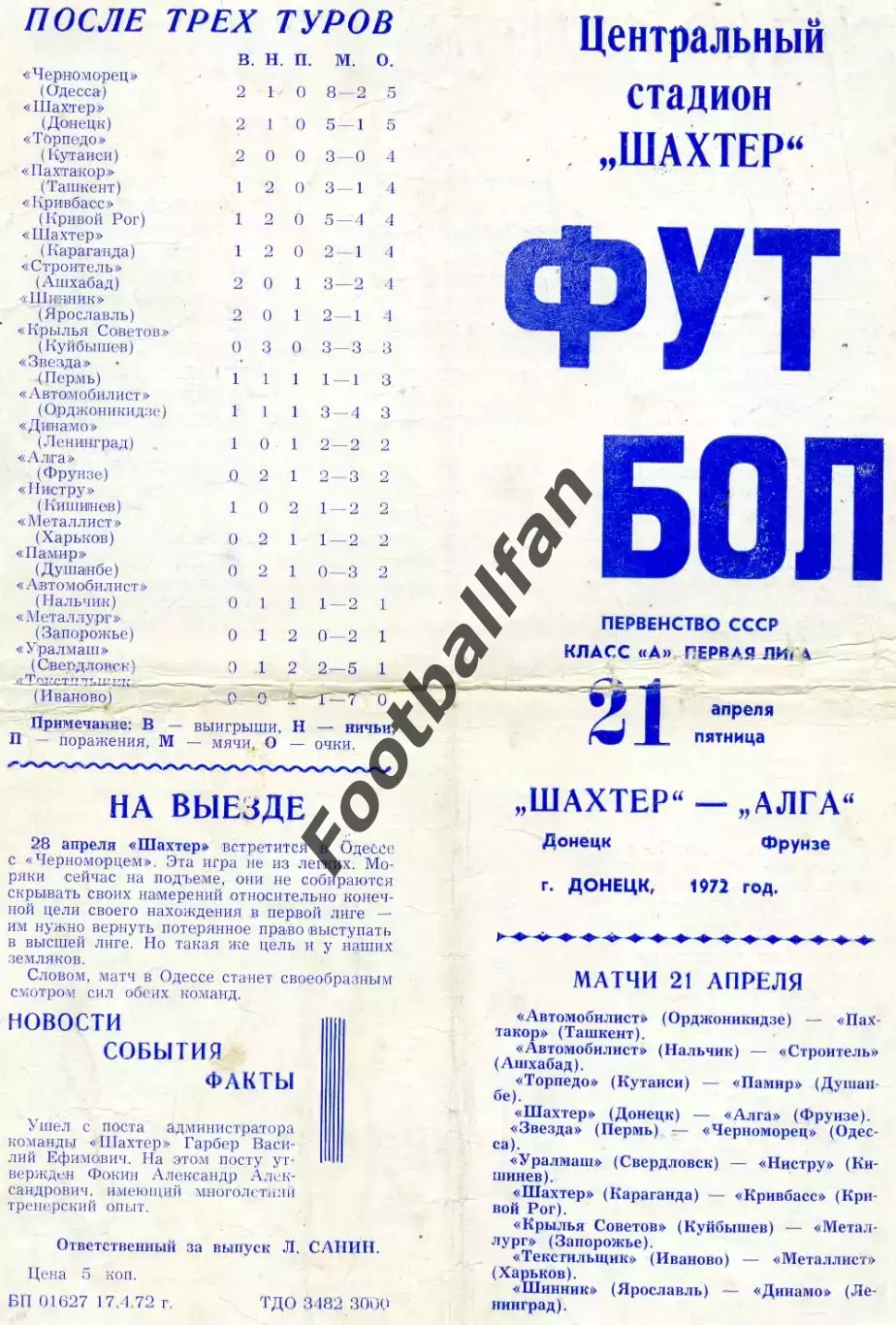 Шахтер Донецк - Алга Фрунзе 21.04.1972