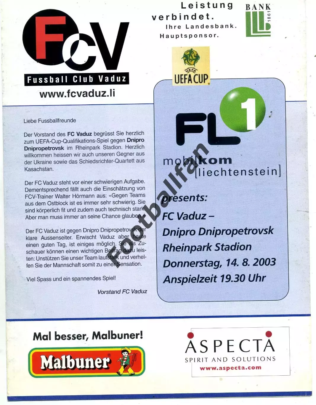 Вадуц Лихтенштейн - Днепр Днепропетровск , Украина 14.08.2003