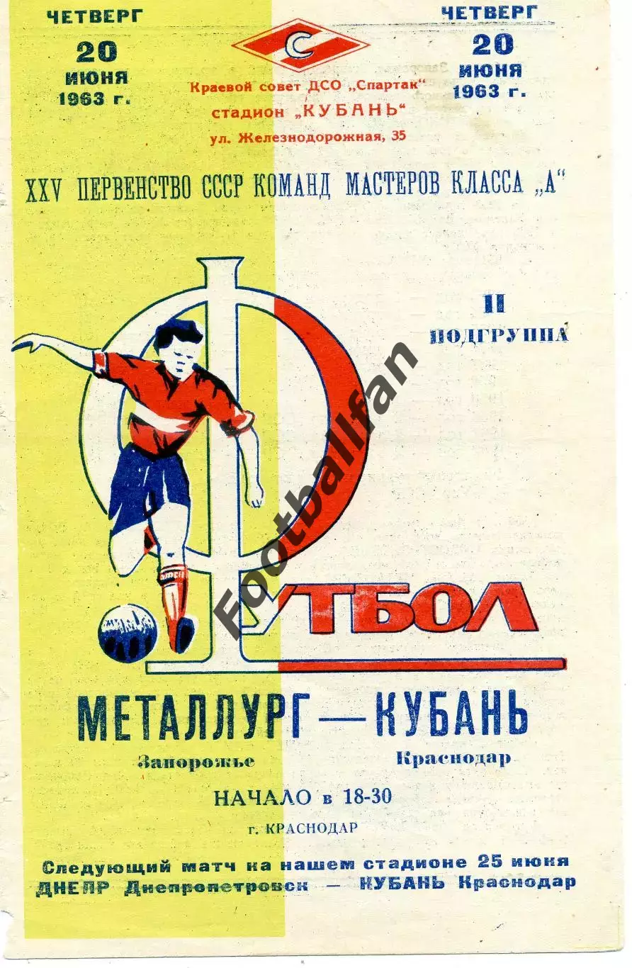 Кубань Краснодар - Металлург Запорожье 20.06.1963