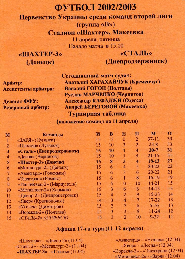 Шахтер - 3 Донецк - Сталь Днепродзержинск 2003