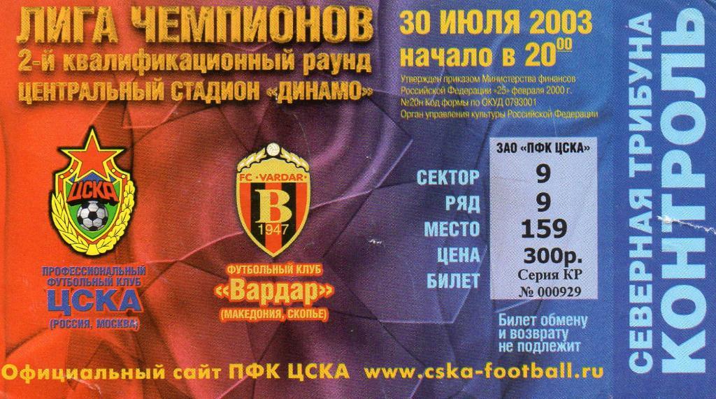 ЦСКА Москва , Россия - Вардар Скопье , Македония 2003
