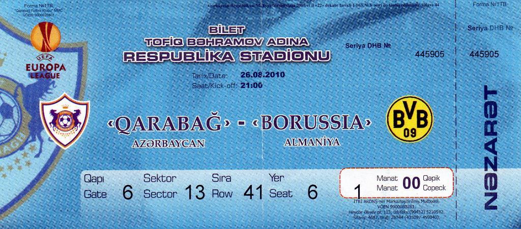 Карабах Агдам , Азербайджан - Боруссия Дортмунд , Германия 2010 с контролем