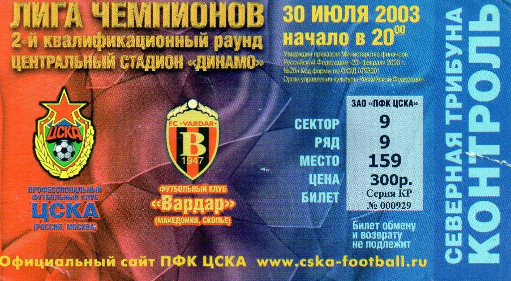 ЦСКА Москва , Россия - Вардар Скопье , Македония 2003 год