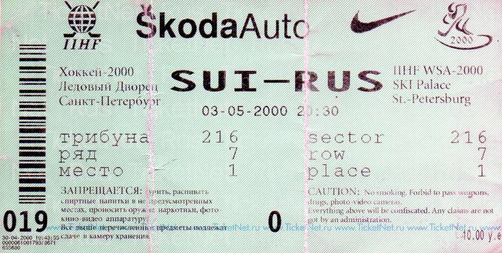 Чемпионат мира 2000 Санкт Петербург Финляндия - Россия 03.05