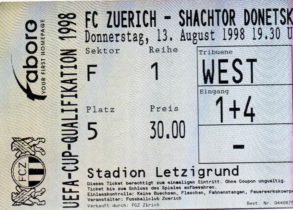 Цюрих Швейцария - Шахтер Донецк , Украина 1998