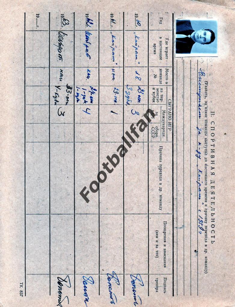 Спортивный паспорт футболиста Кайрата Алма Ата Сергея Квочкина .1963 год . 1