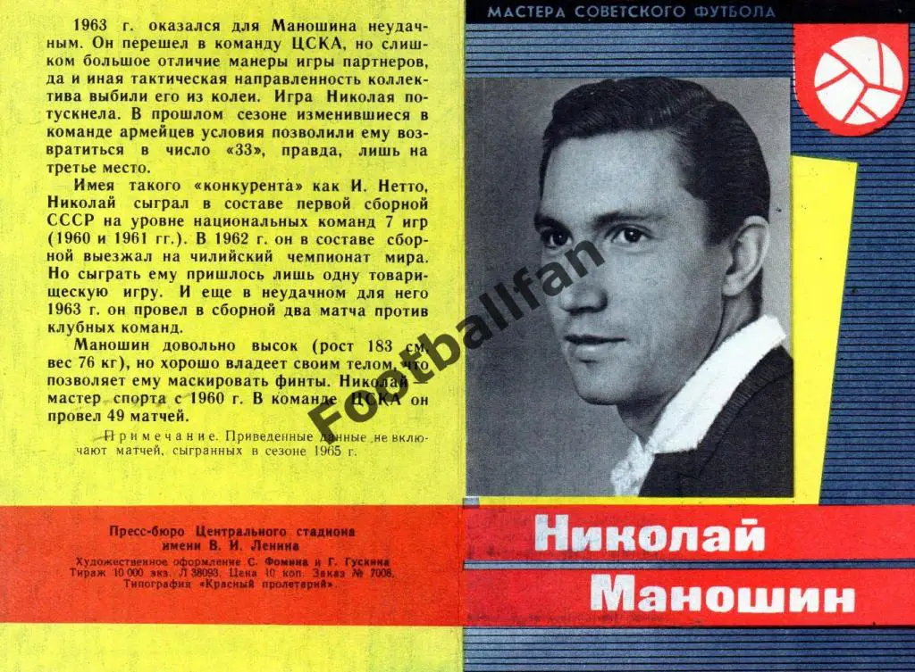 Мастера советского футбола . Николай Маношин . Идеал