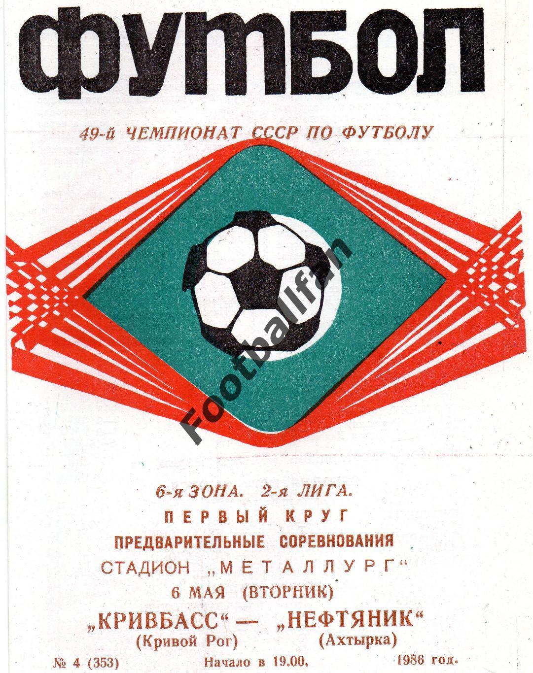 Кривбасс Кривой Рог - Нефтяник Ахтырка 06.05.1986