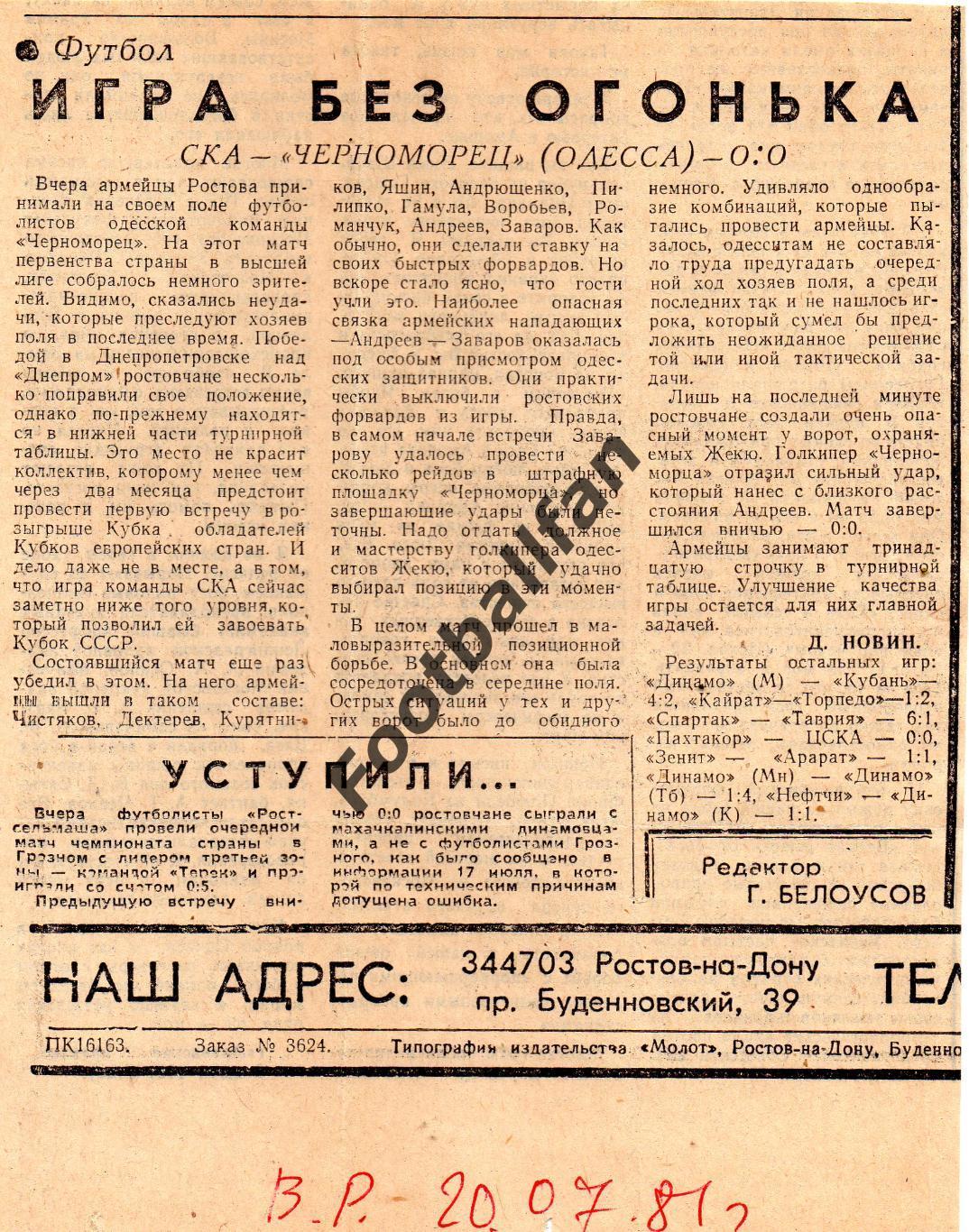 СКА Ростов - Черноморец Одесса 19.07.1981