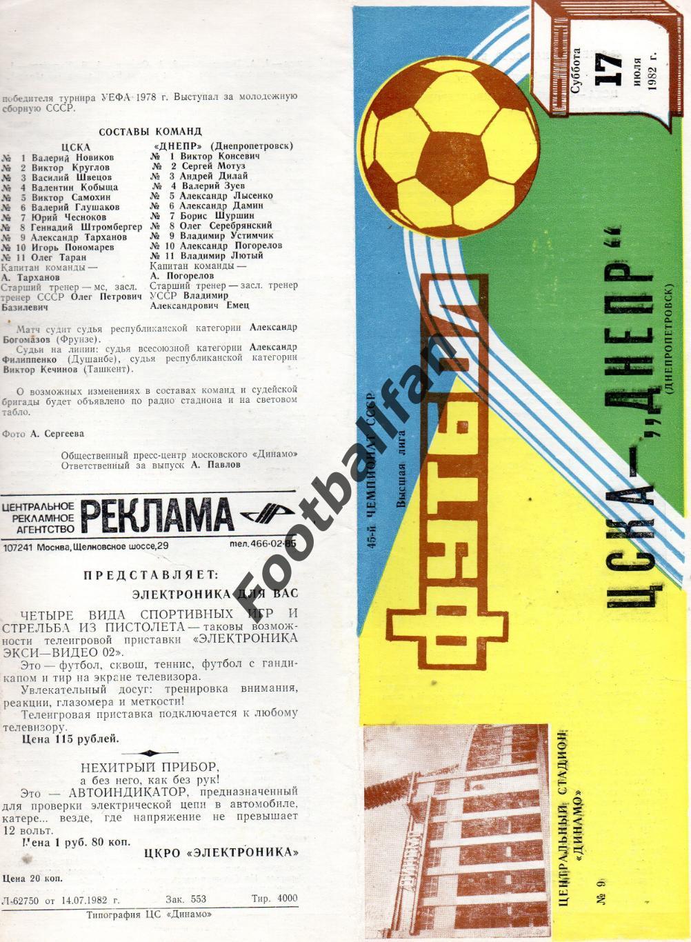 ЦСКА Москва - Днепр Днепропетровск 17.07.1982