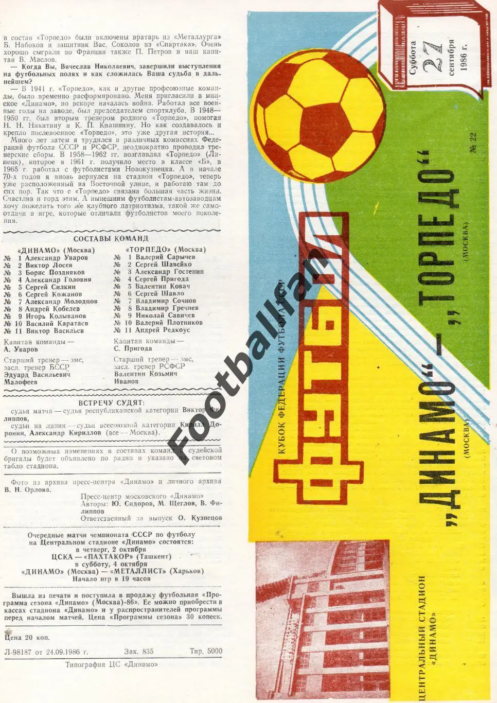 Динамо Москва - Торпедо Москва 27.09.1986 Кубок федерации футбола СССР