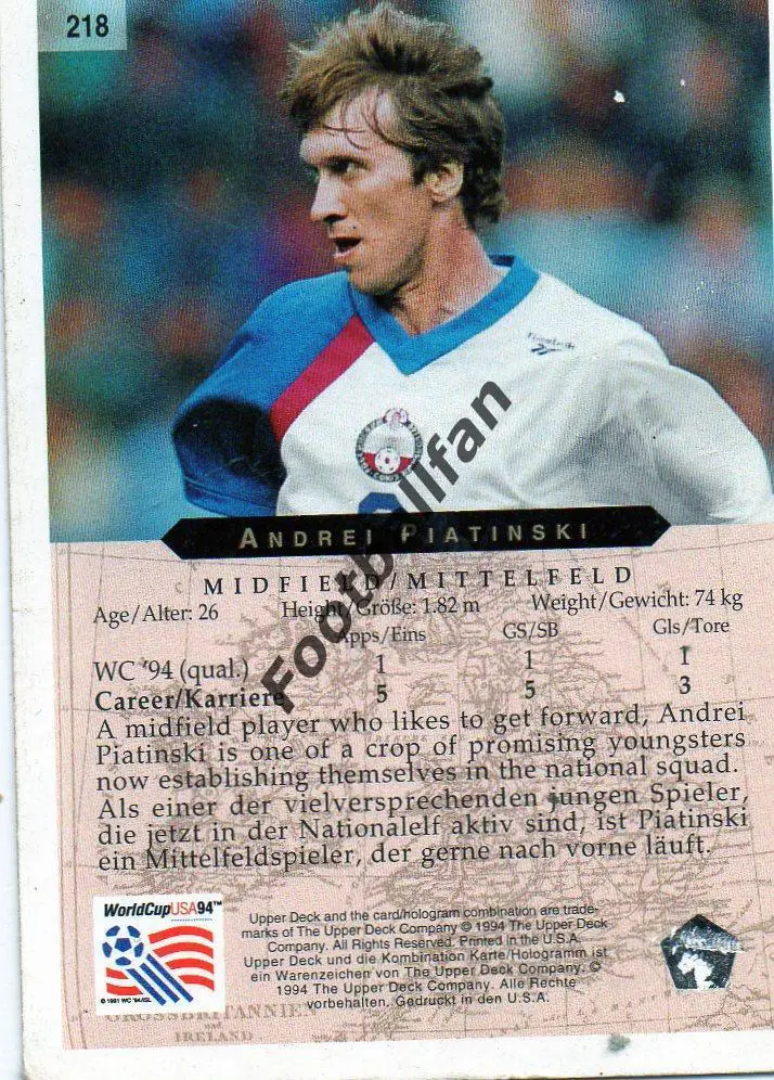 Карточка . Андрей Пятницкий ( Спартак Москва , Россия ) . ЧМ 1994 в США 1