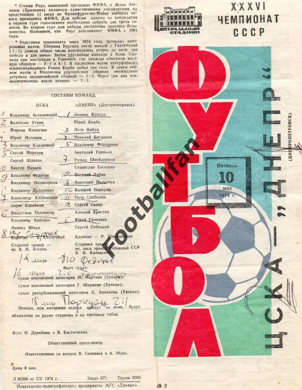 ЦСКА Москва - Днепр Днепропетровск 10.05.1974