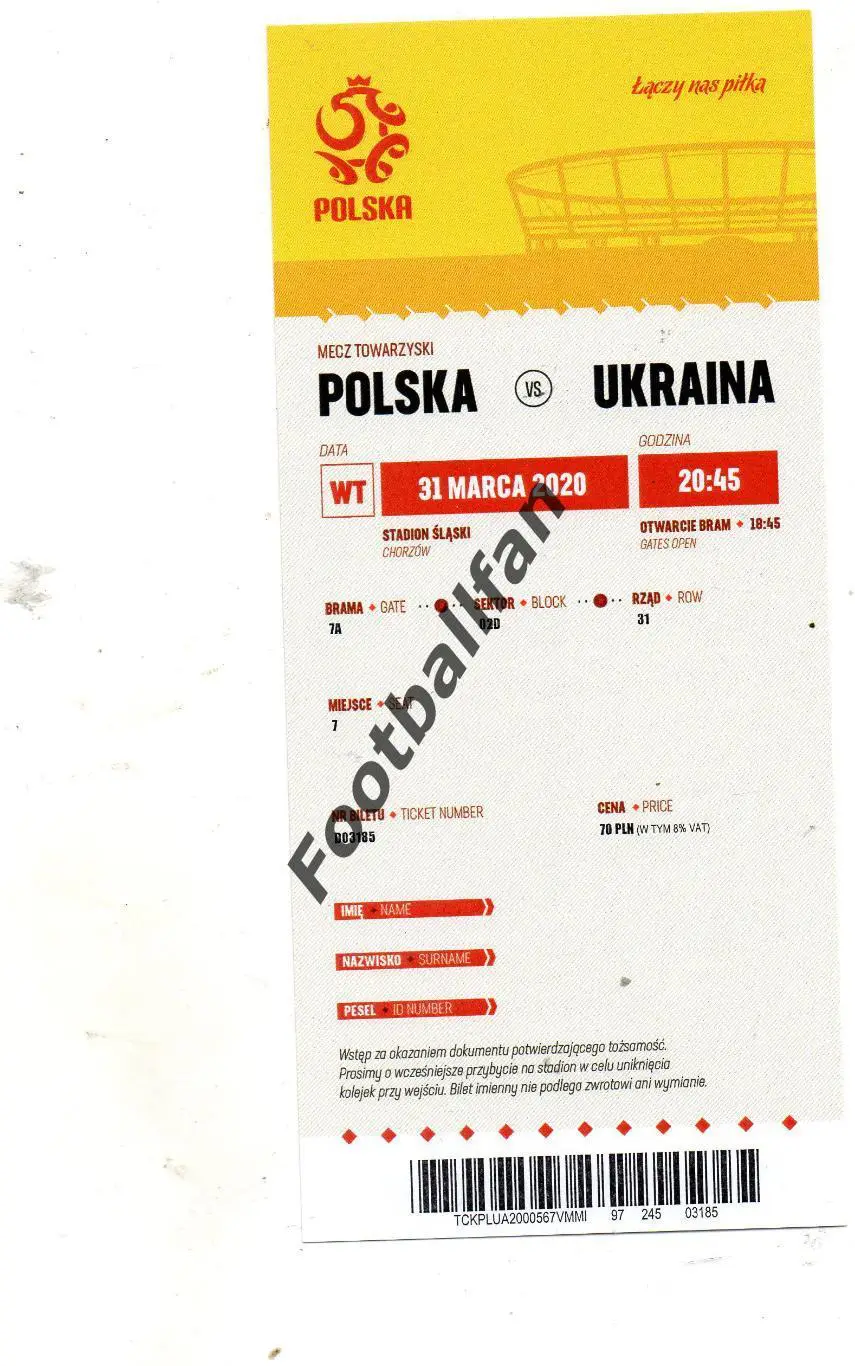 Польша - Украина 31.03. 2020 матч не состоялся ОРИГИНАЛ ИДЕАЛ