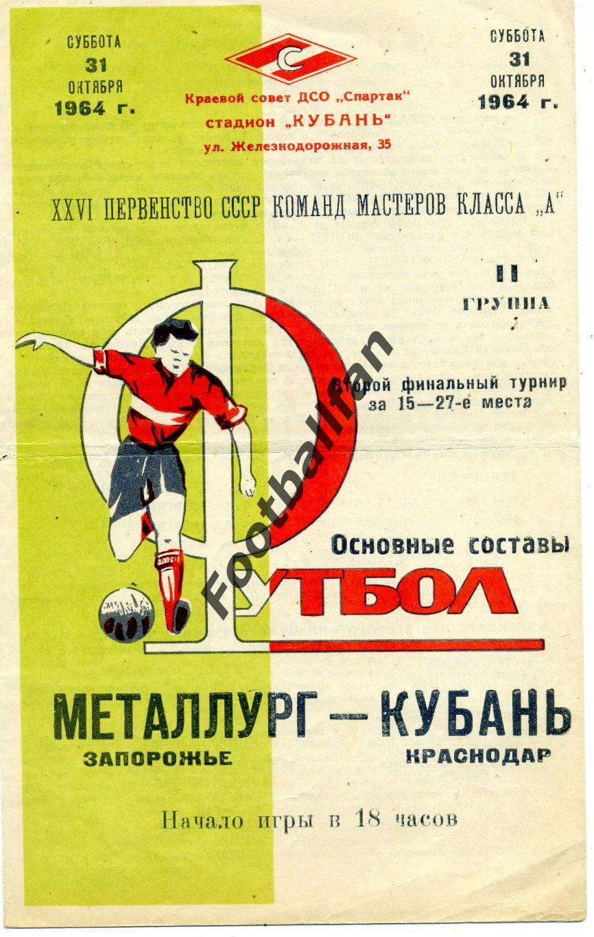Кубань Краснодар - Металлург Запорожье 31.10.1964