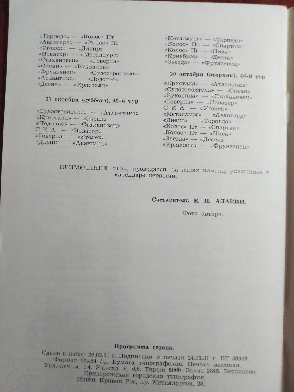 Программа сезона Кривбасс-81 Кривой рог 1981 тираж 5000 2