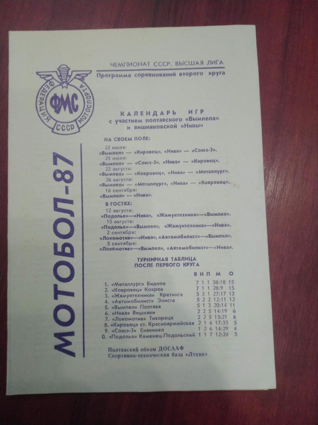 Вымпел Полтава мотобол 1987 календарь игр