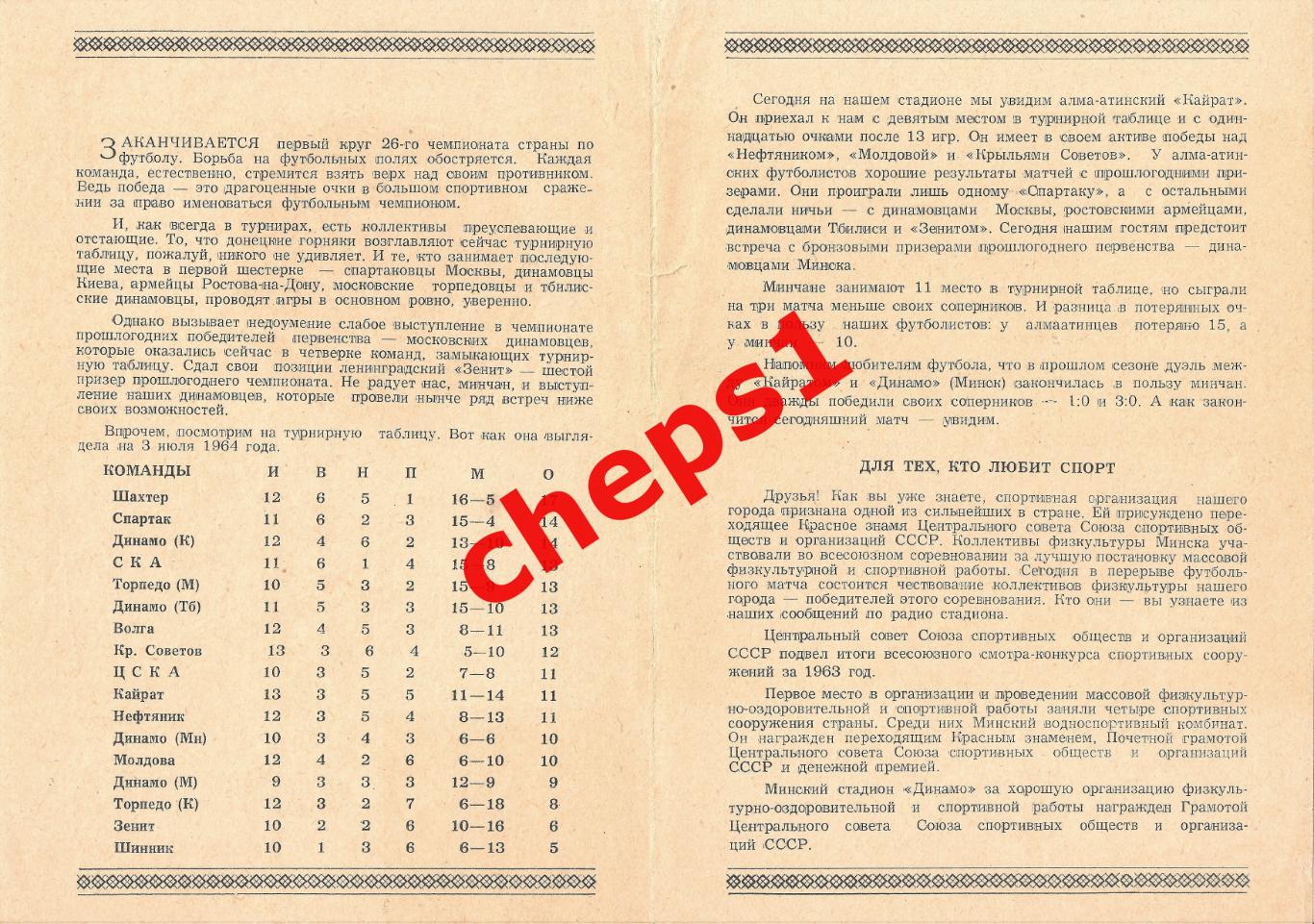 РАСПРОДАЖА!!! 1964 Динамо (Минск) - Кайрат (Алма-Ата) 1