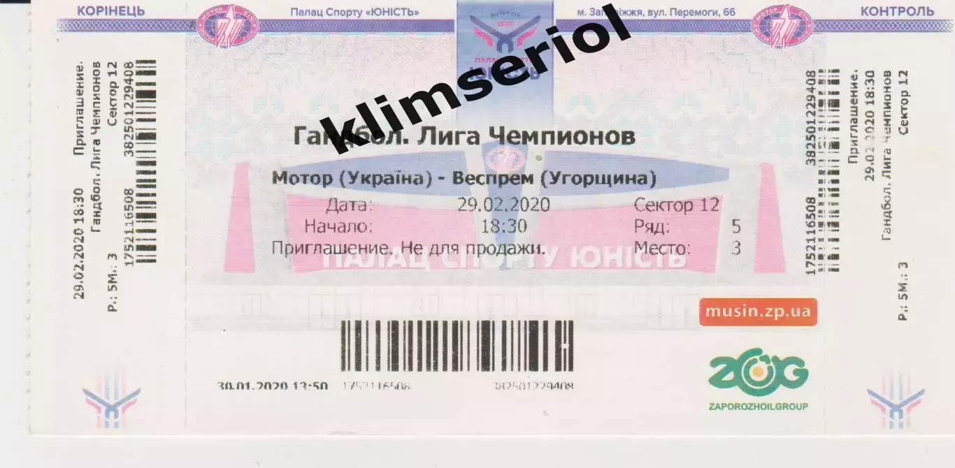 Квиток.Гандбол. Мотор(Запоріжжя) - Веспрем (Угорщина) 29.02.2020